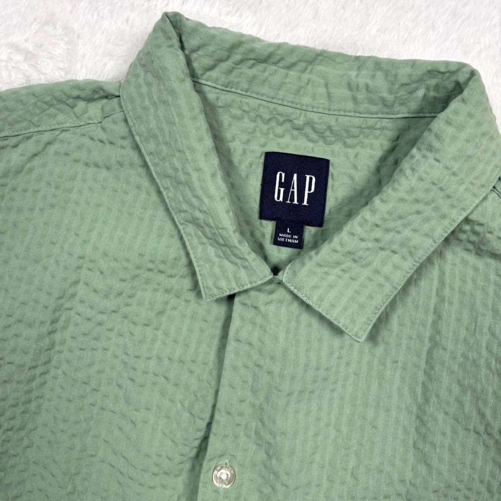 GAP Seersucker Button‎ Shirt Mens L Sage Green Loop Collar Short Sleeve Casual